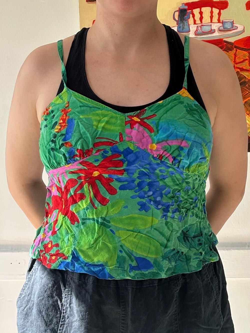 Vintage Green Floral Spaghetti-Strap Camisole